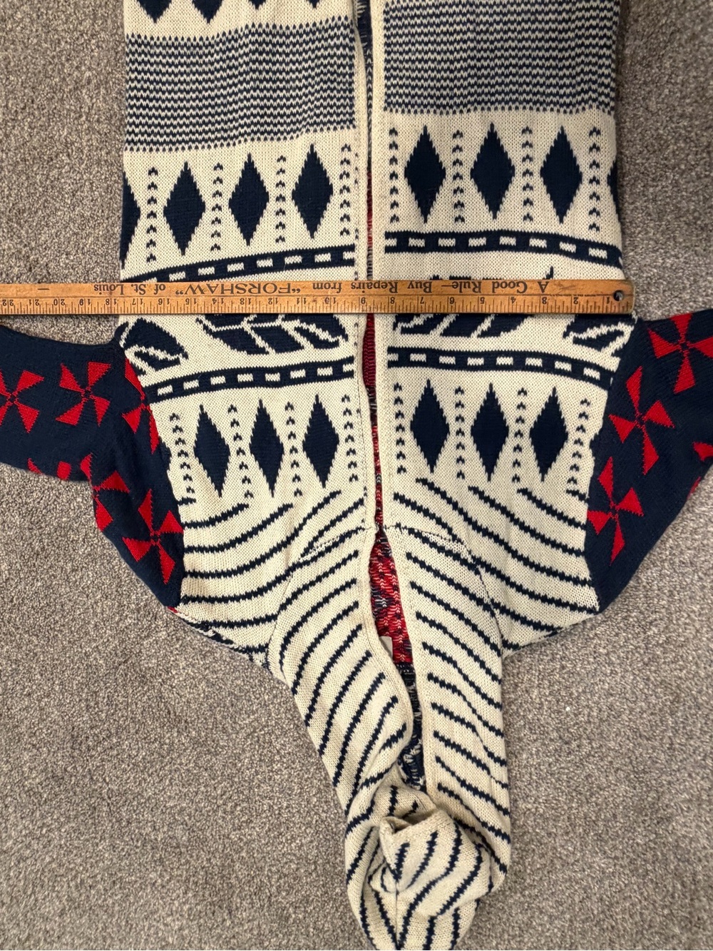 Hooded Knit Long Cardigan - Cream, Navy & Red - Picture 3 of 4
